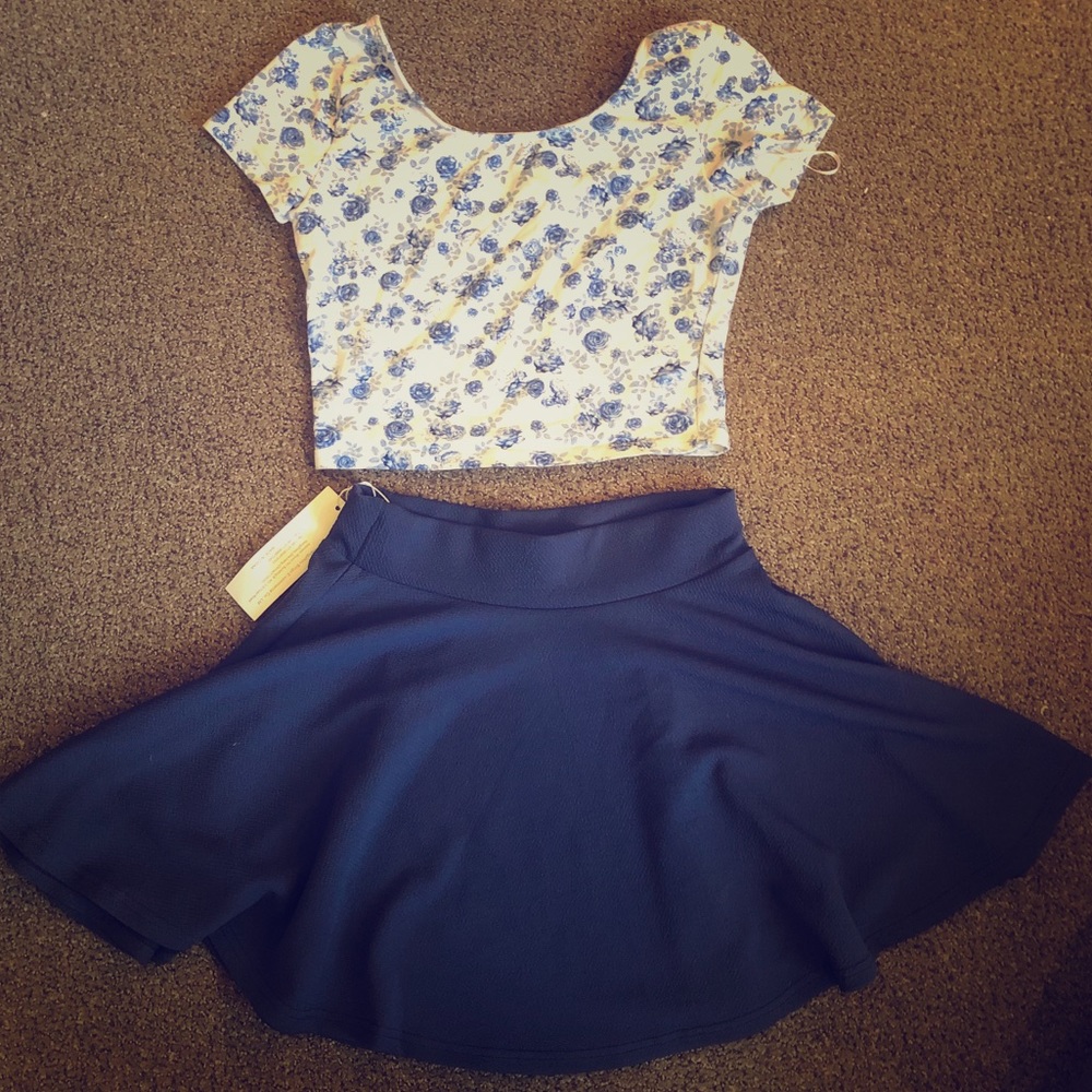 Blue Floral Crop Top + Blue Circle Skirt
